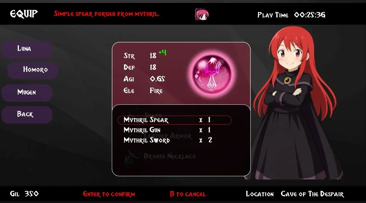 Luna equipment menu screenshot