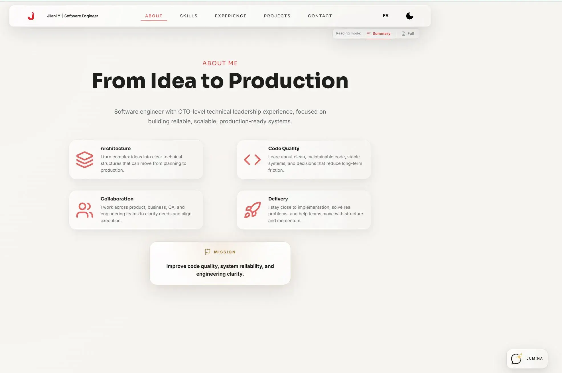 Light mode interface of the developer portfolio