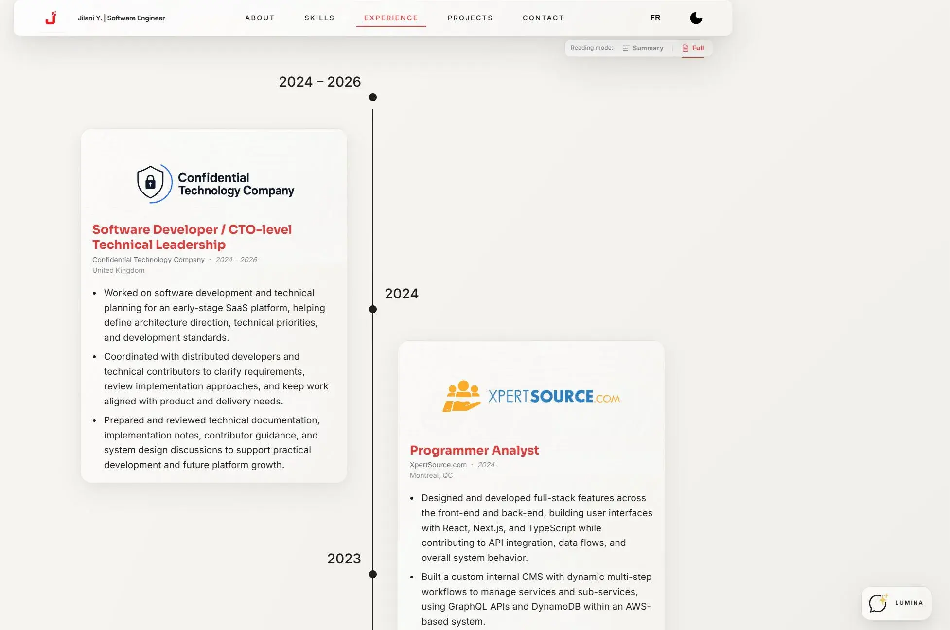 Experience section showing Summary and Full reading modes