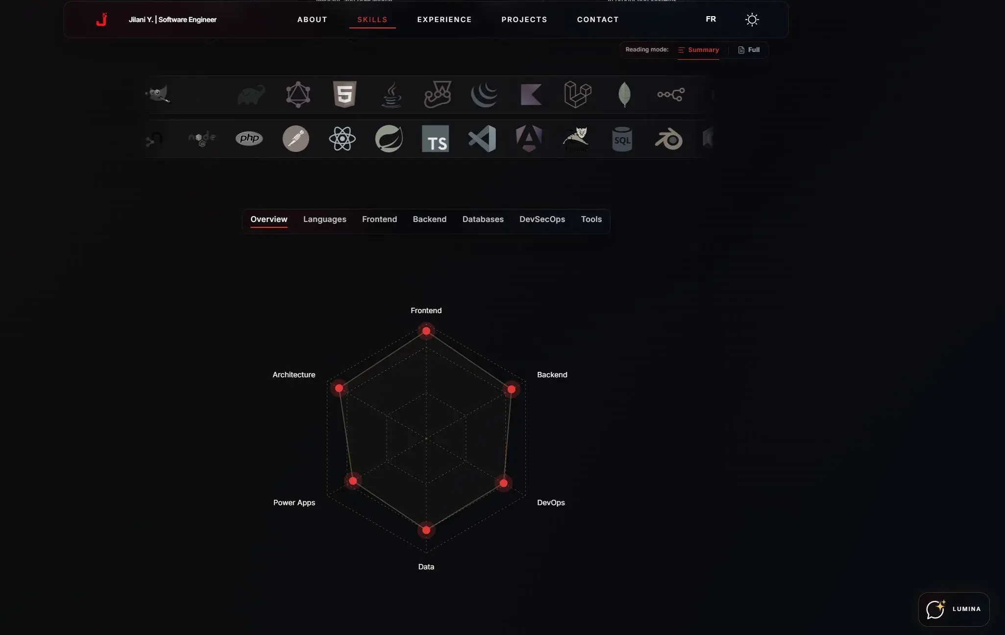 Skills section with technology marquee, tabs, and radar visualization