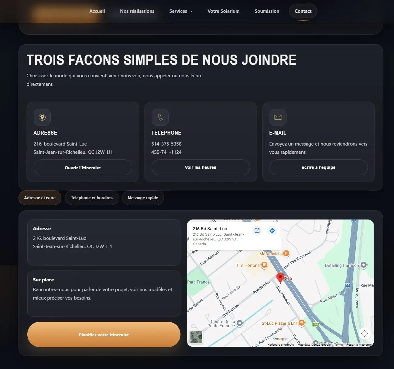 Solarium Horizon Solutions contact page screenshot